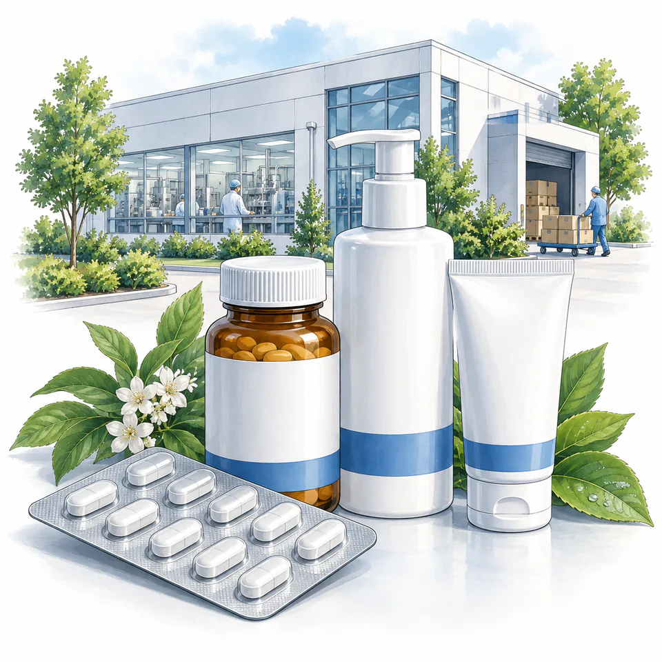 Medicines and cosmetic products in front of a modern manufacturing facility.
